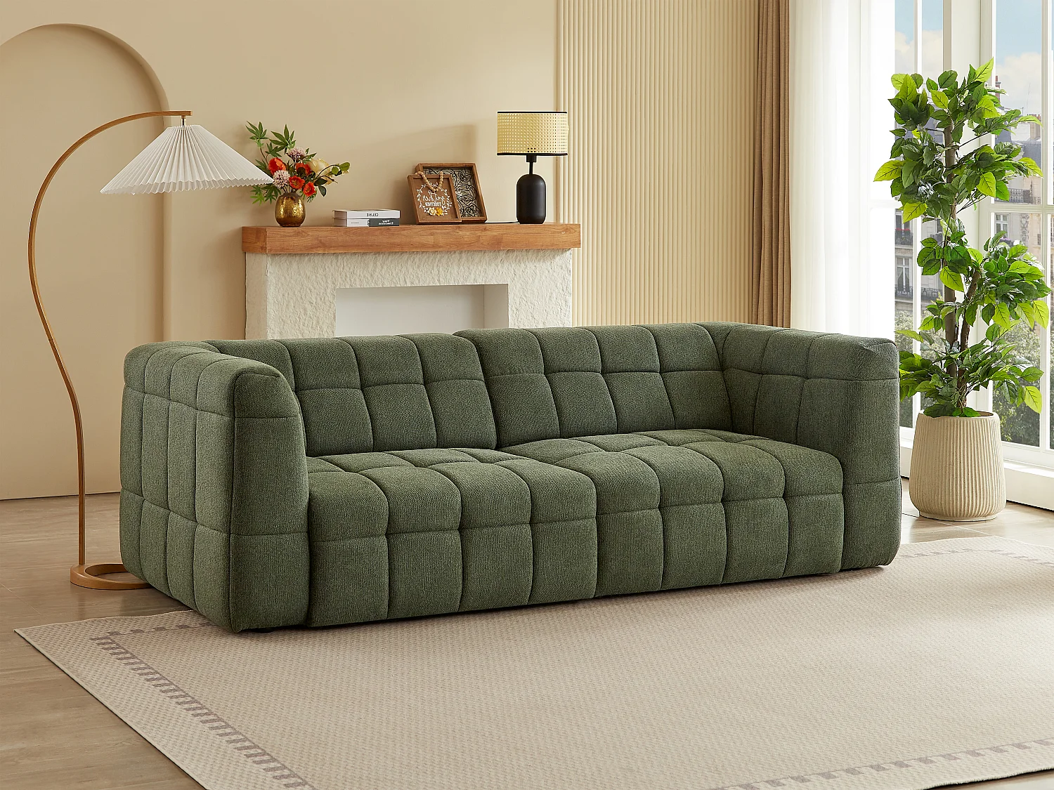 Canapé 3 places avec assise coulissante électrique en tissu texturé vert NELOSA
