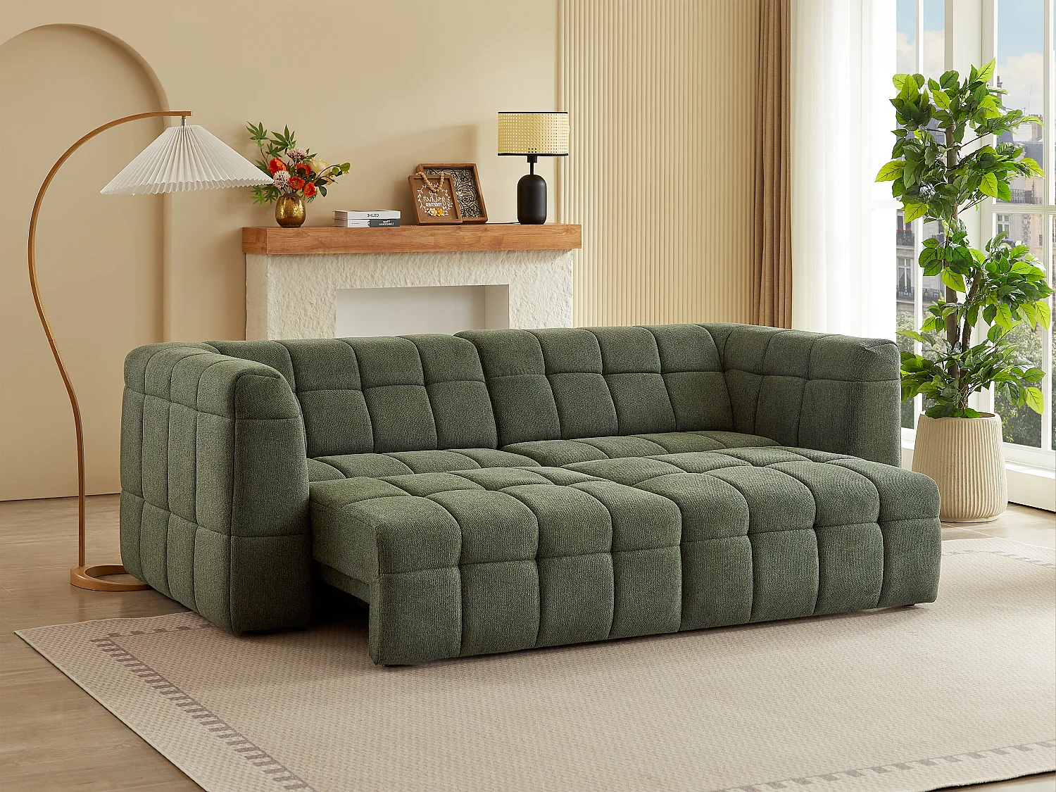 Canapé 3 places avec assise coulissante électrique en tissu texturé vert NELOSA