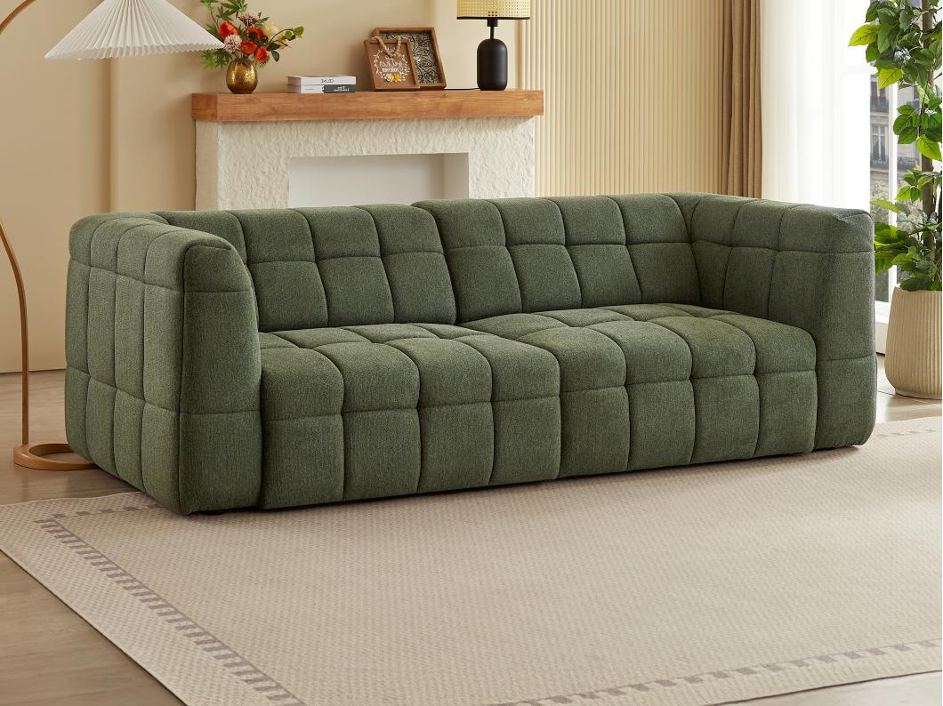 Canapé 3 places avec assise coulissante électrique en tissu texturé vert NELOSA