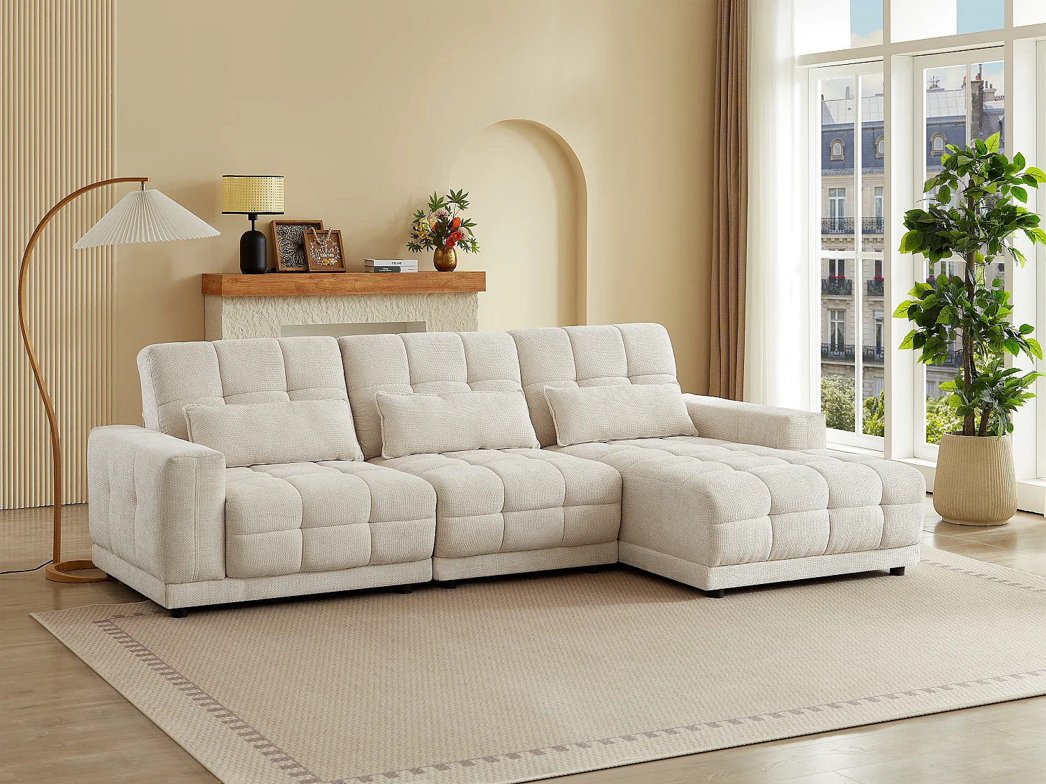 Canapé d'angle droit relax électrique en tissu texturé beige DOREA de Pascal Morabito