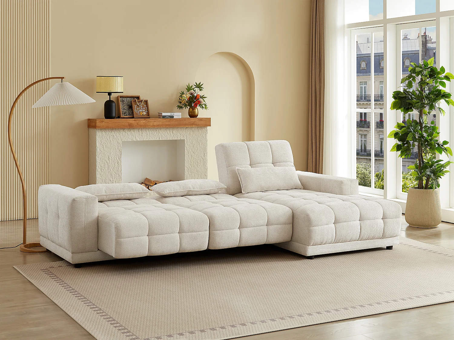 Canapé d'angle droit relax électrique en tissu texturé beige DOREA de Pascal Morabito