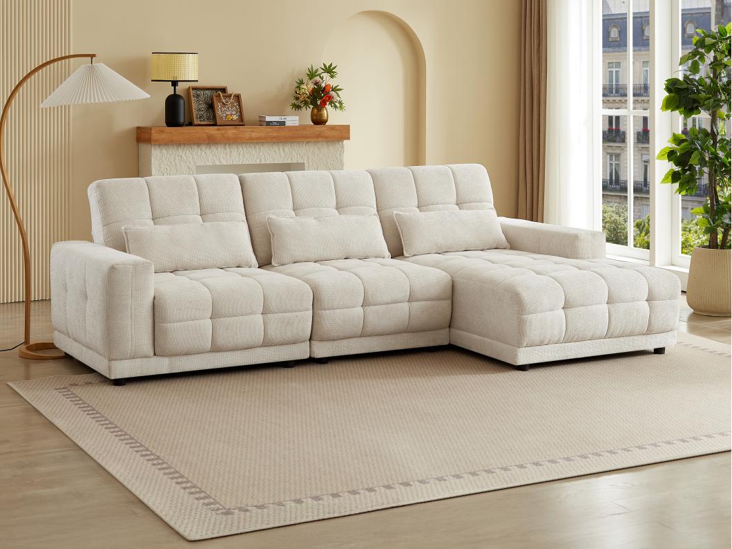 Canapé d'angle droit relax électrique en tissu texturé beige DOREA de Pascal Morabito
