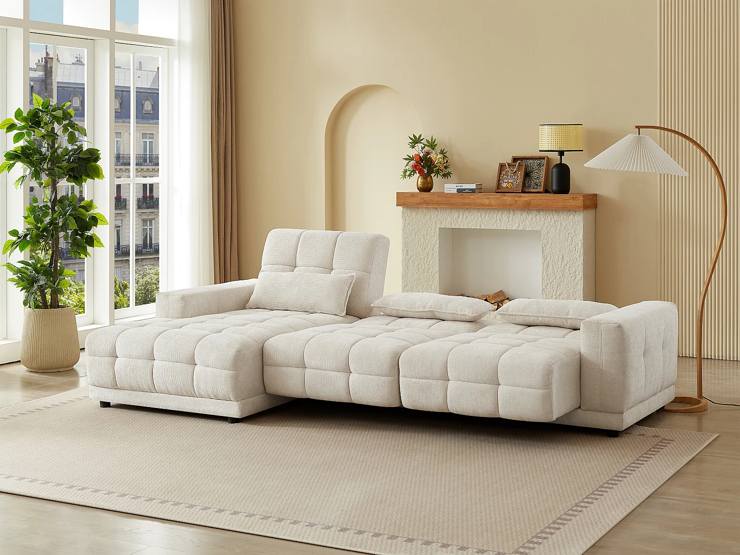 Elektrische relaxhoekbank met hoek links van beige stof met textuur DOREA van Pascal Morabito