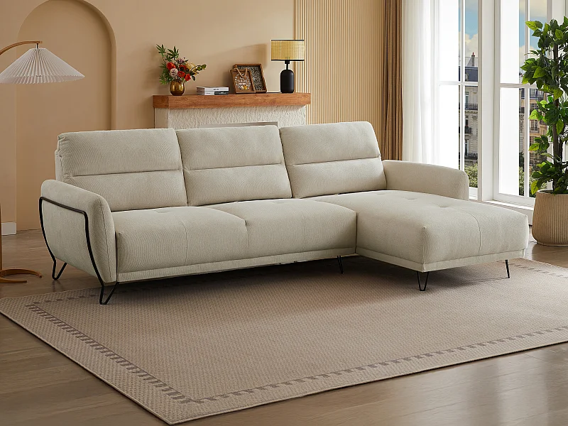 Canapé d'angle droit en tissu texturé beige dossier avance-recule DURIMA