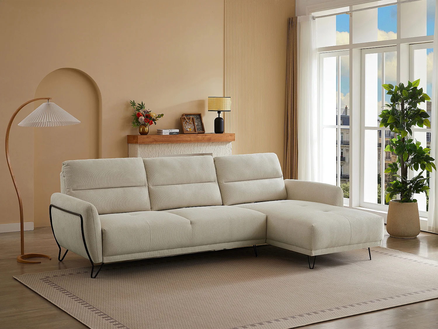 Hoekbank met hoek rechts van beige stof met textuur en kantelende rugleuning DURIMA