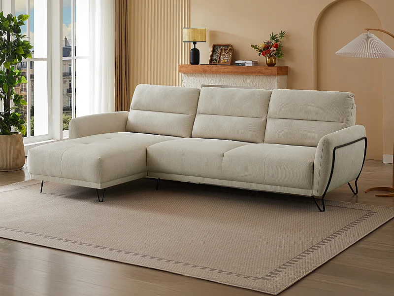 Canapé d'angle gauche en tissu texturé beige dossier avance-recule DURIMA