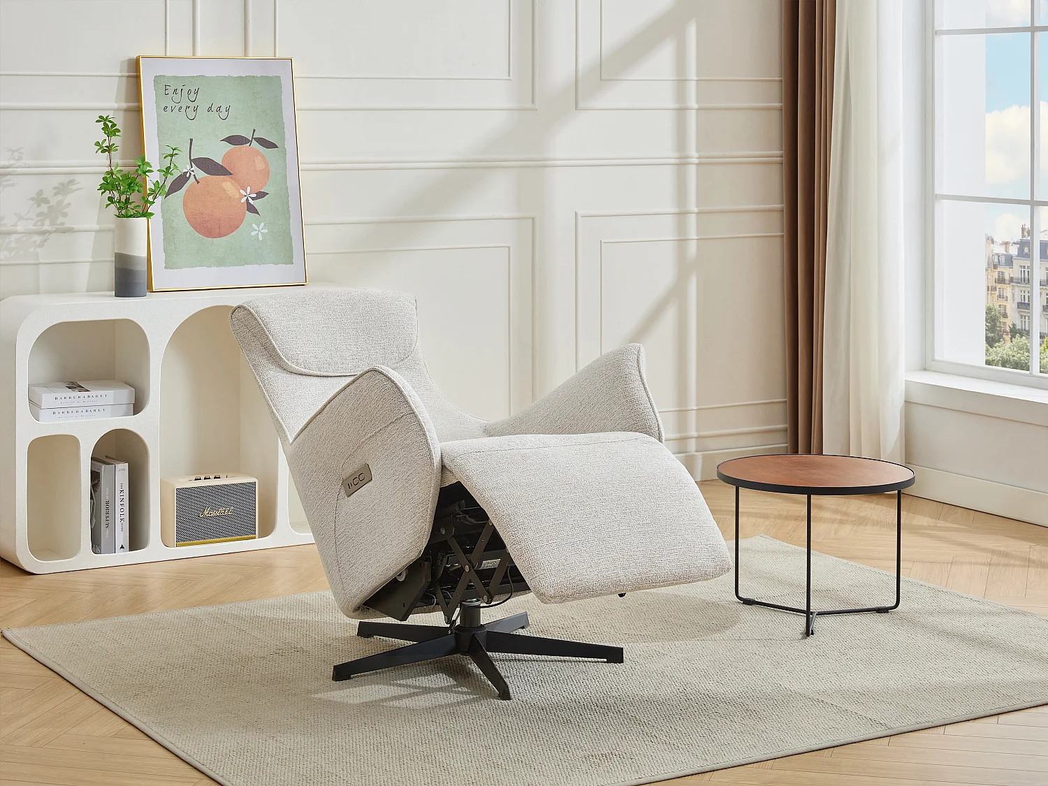 Fauteuil relax électrique en tissu texturé beige TASEMO