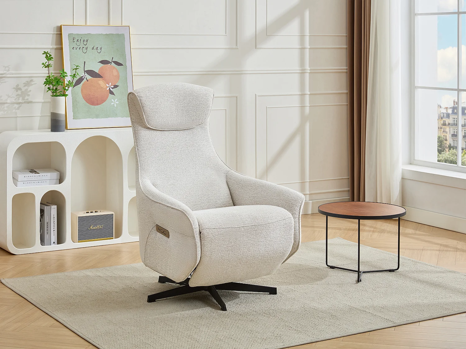 Elektrisk lænestol i beige textureret stof TASEMO