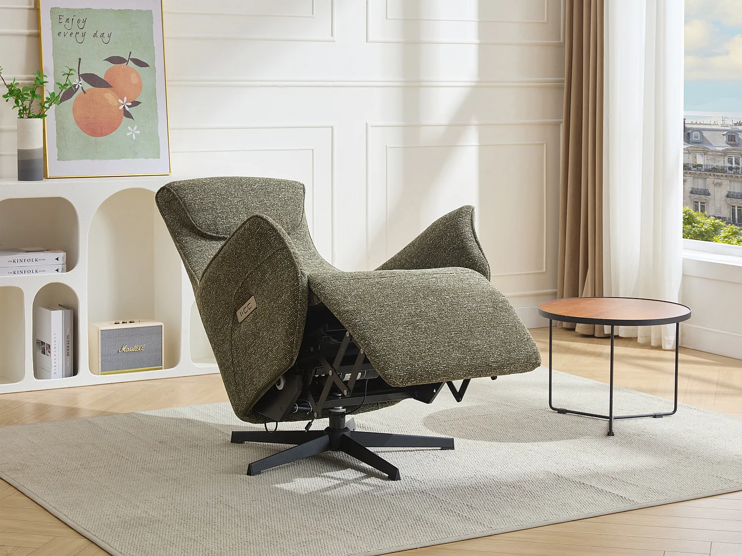 Elektrisk recliner-lænestol i grønt textureret stof TASEMO