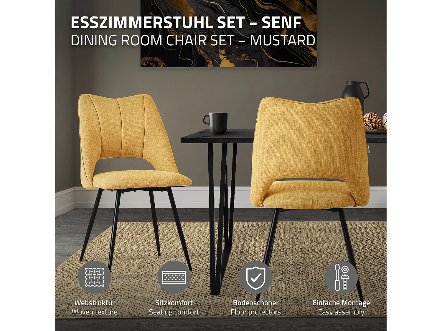 ML-Design 4x Sillas de comedor mostaza asiento poliester tapizado ergónomico con respaldo sillón con patas de metal para escritorio