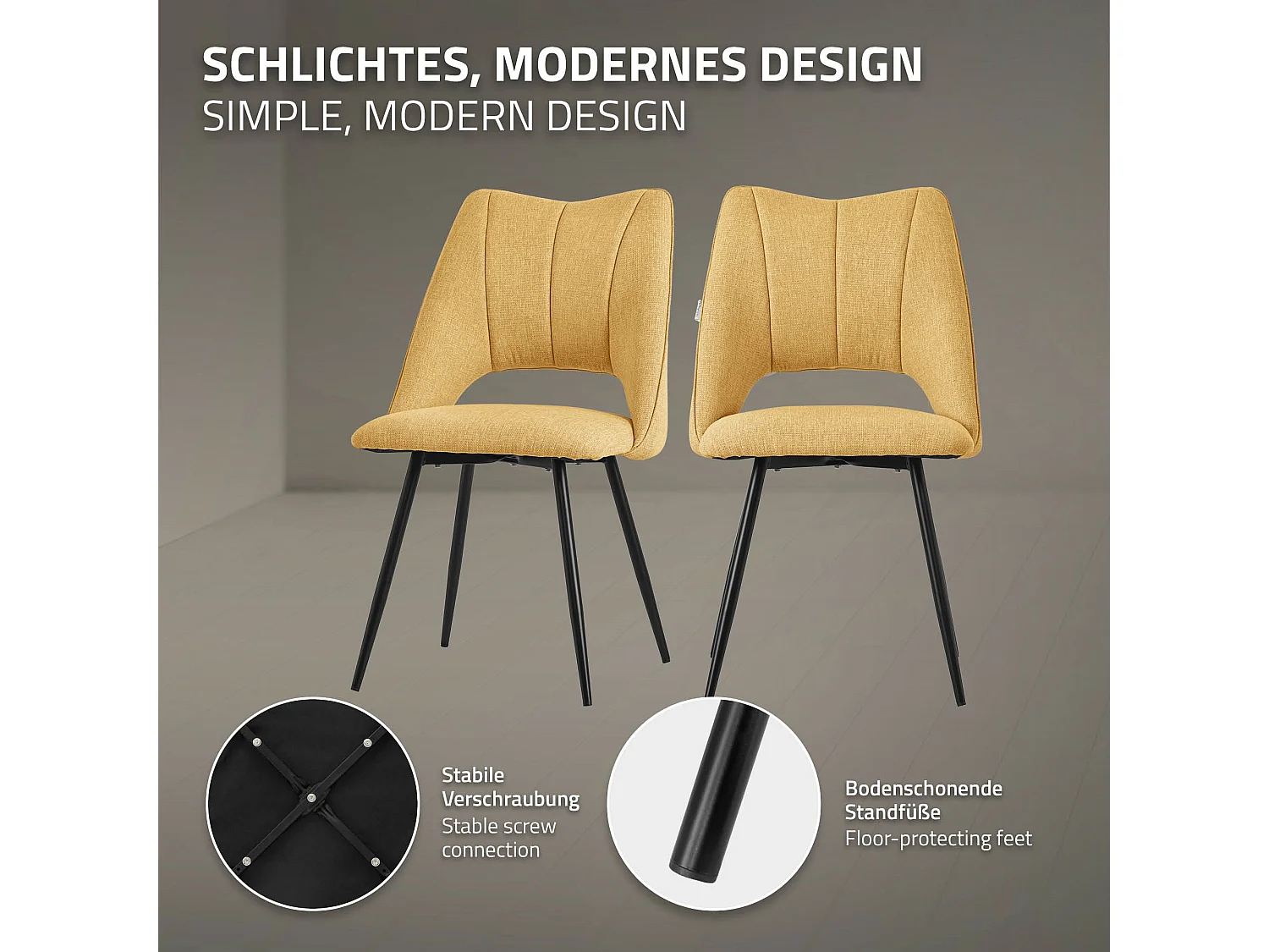 ML-Design 4x Sillas de comedor mostaza asiento poliester tapizado ergónomico con respaldo sillón con patas de metal para escritorio