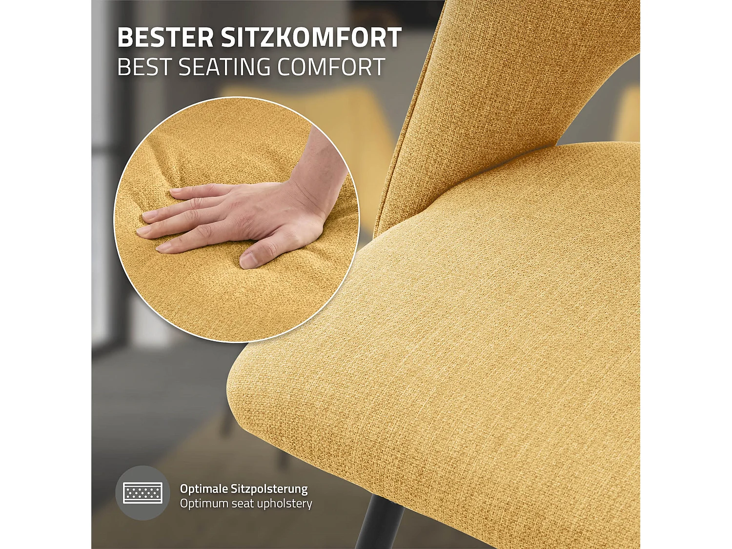 ML-Design 4x Sillas de comedor mostaza asiento poliester tapizado ergónomico con respaldo sillón con patas de metal para escritorio