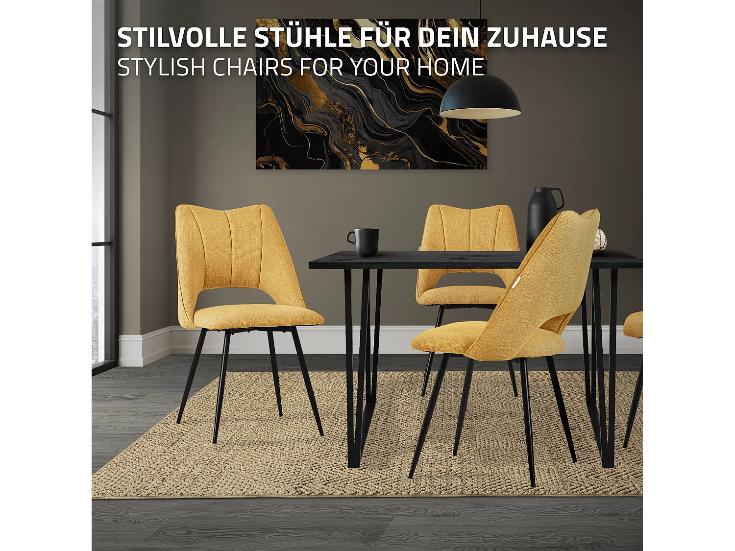 ML-Design 4x Sillas de comedor mostaza asiento poliester tapizado ergónomico con respaldo sillón con patas de metal para escritorio