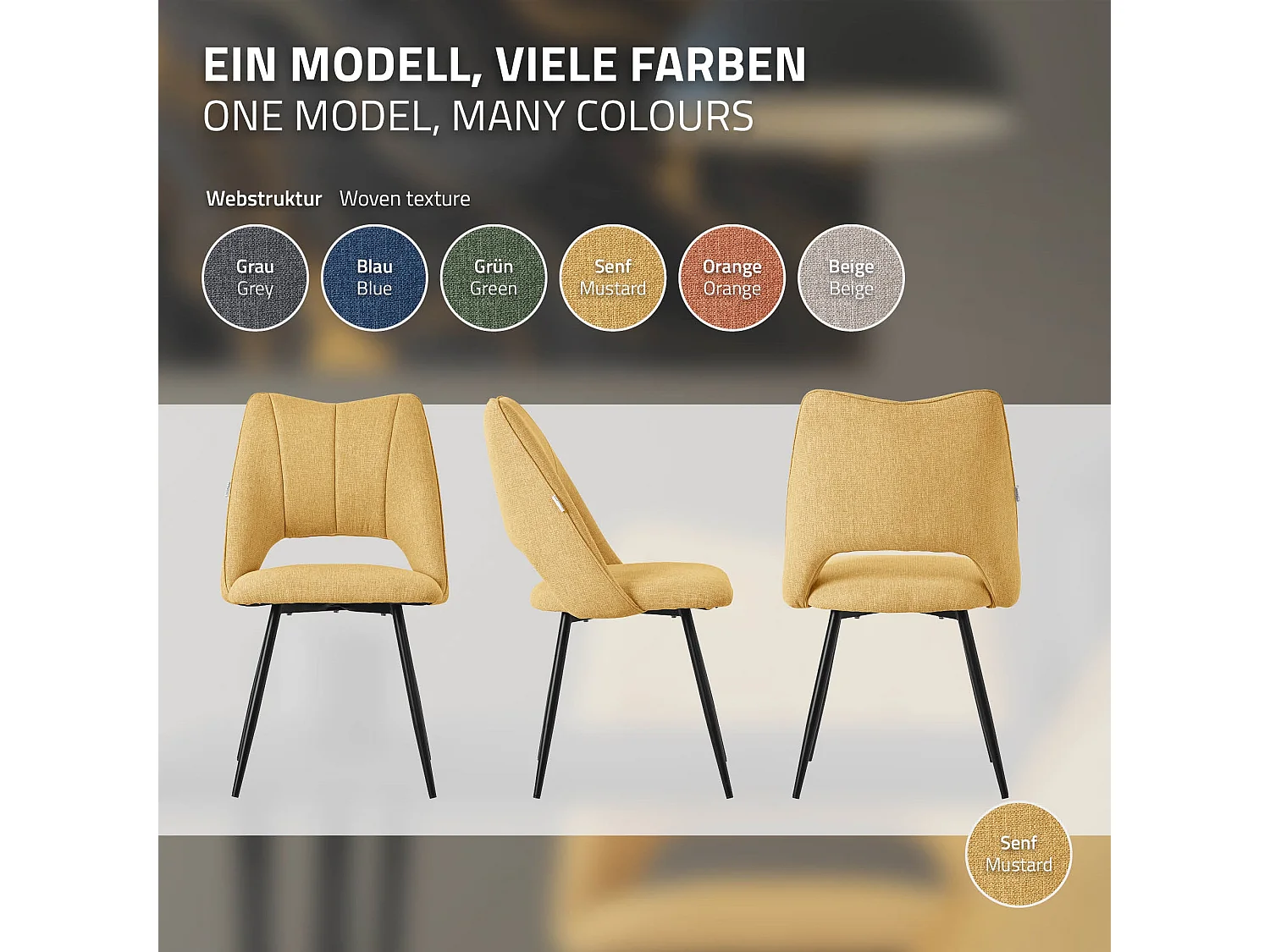 ML-Design 4x Sillas de comedor mostaza asiento poliester tapizado ergónomico con respaldo sillón con patas de metal para escritorio