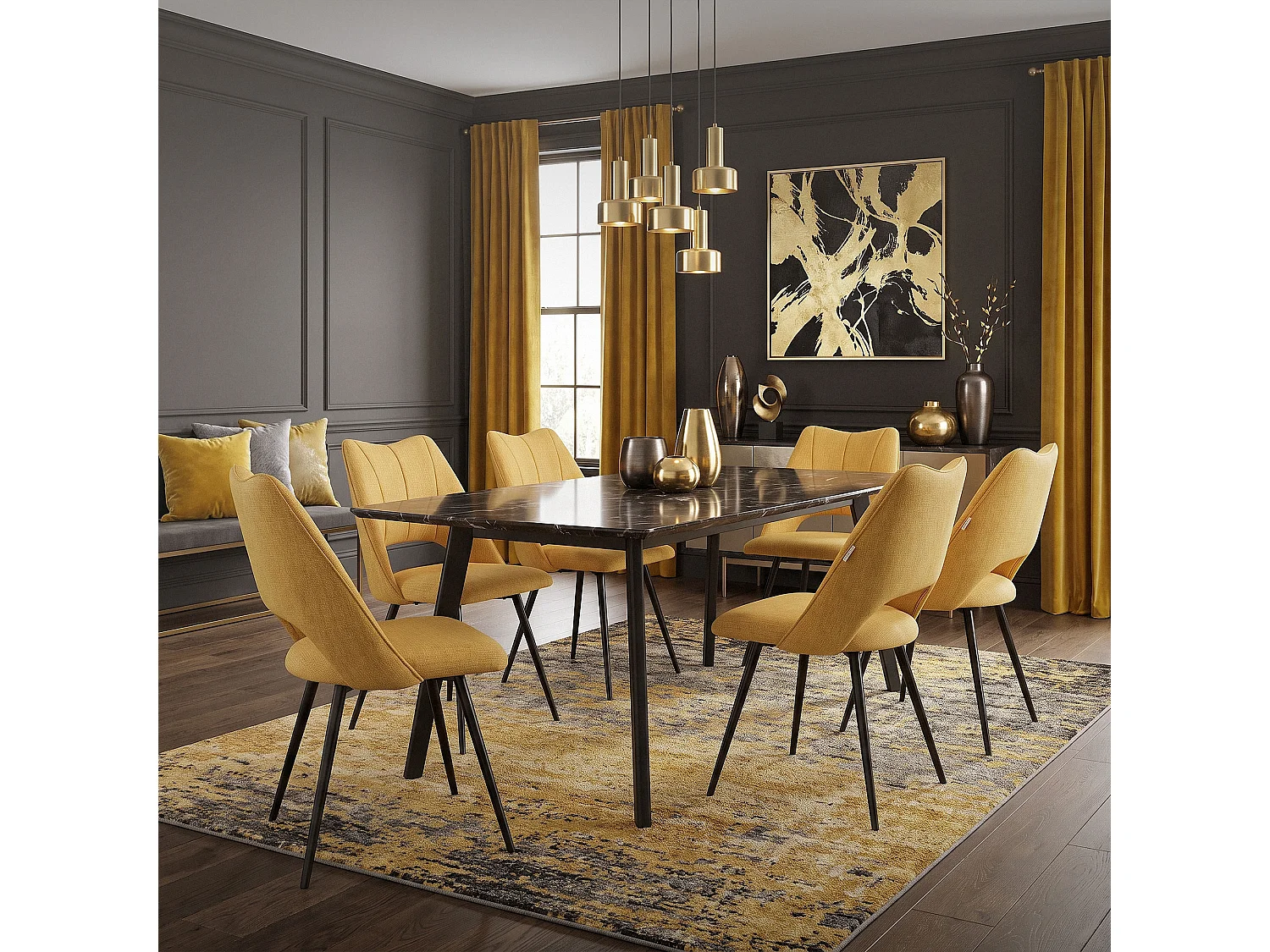 ML-Design 4x Sillas de comedor mostaza asiento poliester tapizado ergónomico con respaldo sillón con patas de metal para escritorio