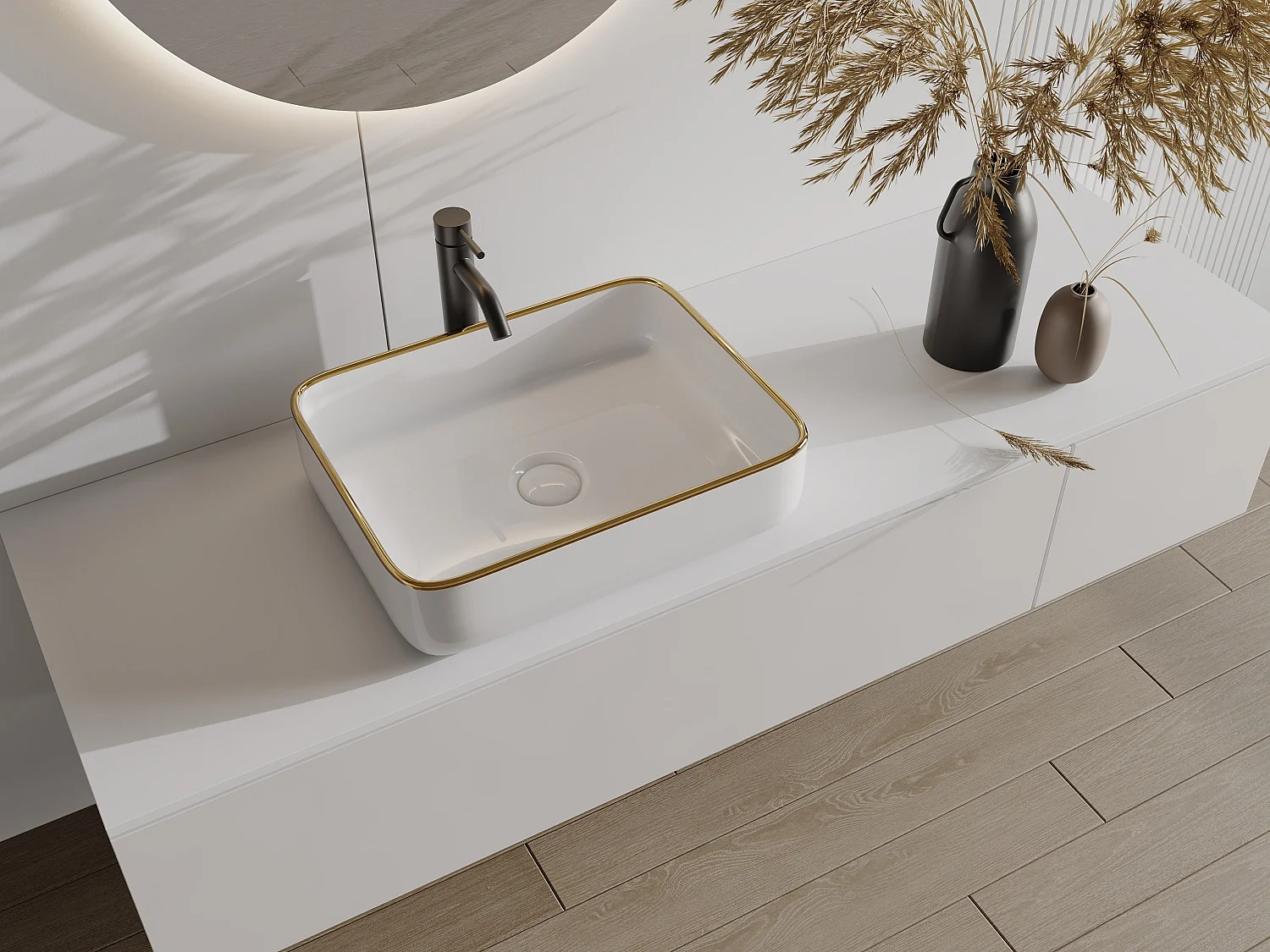 Vasque à poser rectangle en céramique - Blanc avec liseré doré  - 50 x 39 cm - JUNIKO II