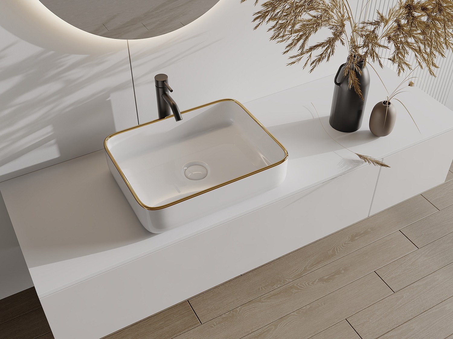 Aufsatzwaschbecken rechteckig - Keramik - Weiß mit goldfarbener Umrandung - günstig online kaufen
