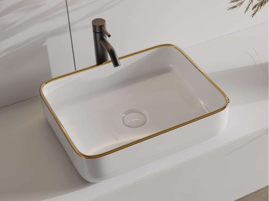 Vasque à poser rectangle en céramique - Blanc avec liseré doré  - 50 x 39 cm - JUNIKO II