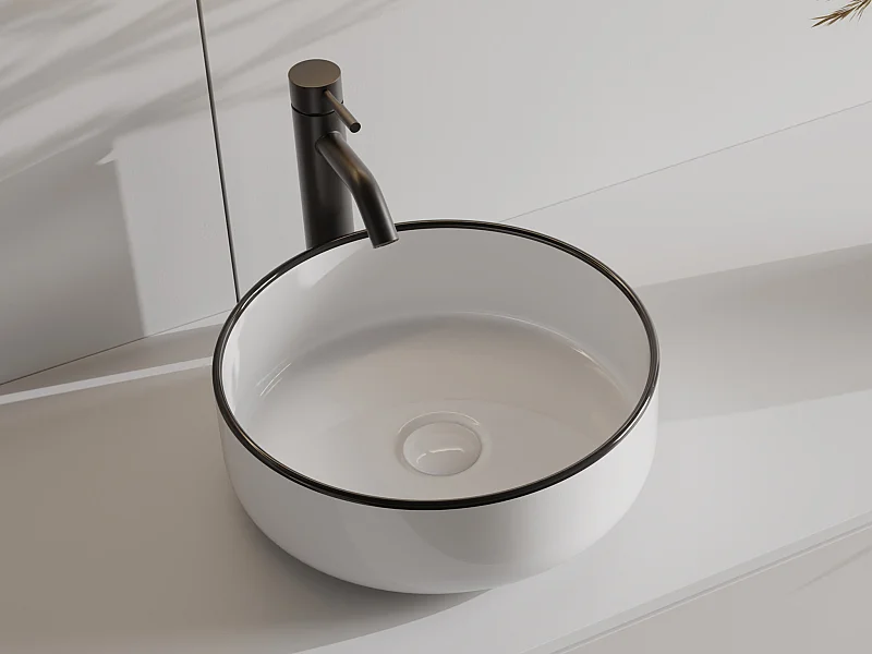 Lavatório de pousar redondo em cerâmica branco com borda preta 36 cm - LENISO II