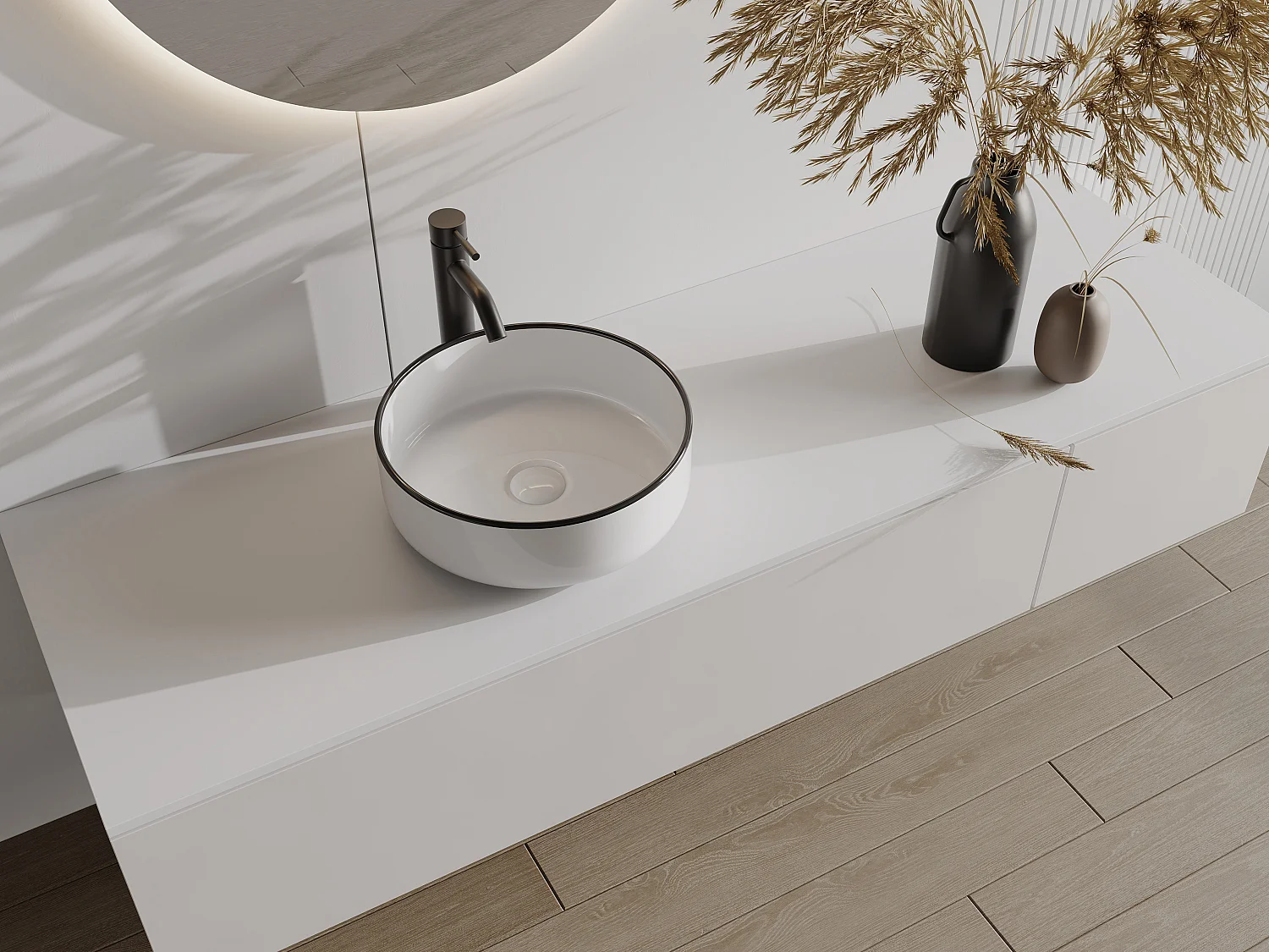 Vasque à poser ronde en céramique - Blanc avec liseré noir  - 36 cm - LENISO II