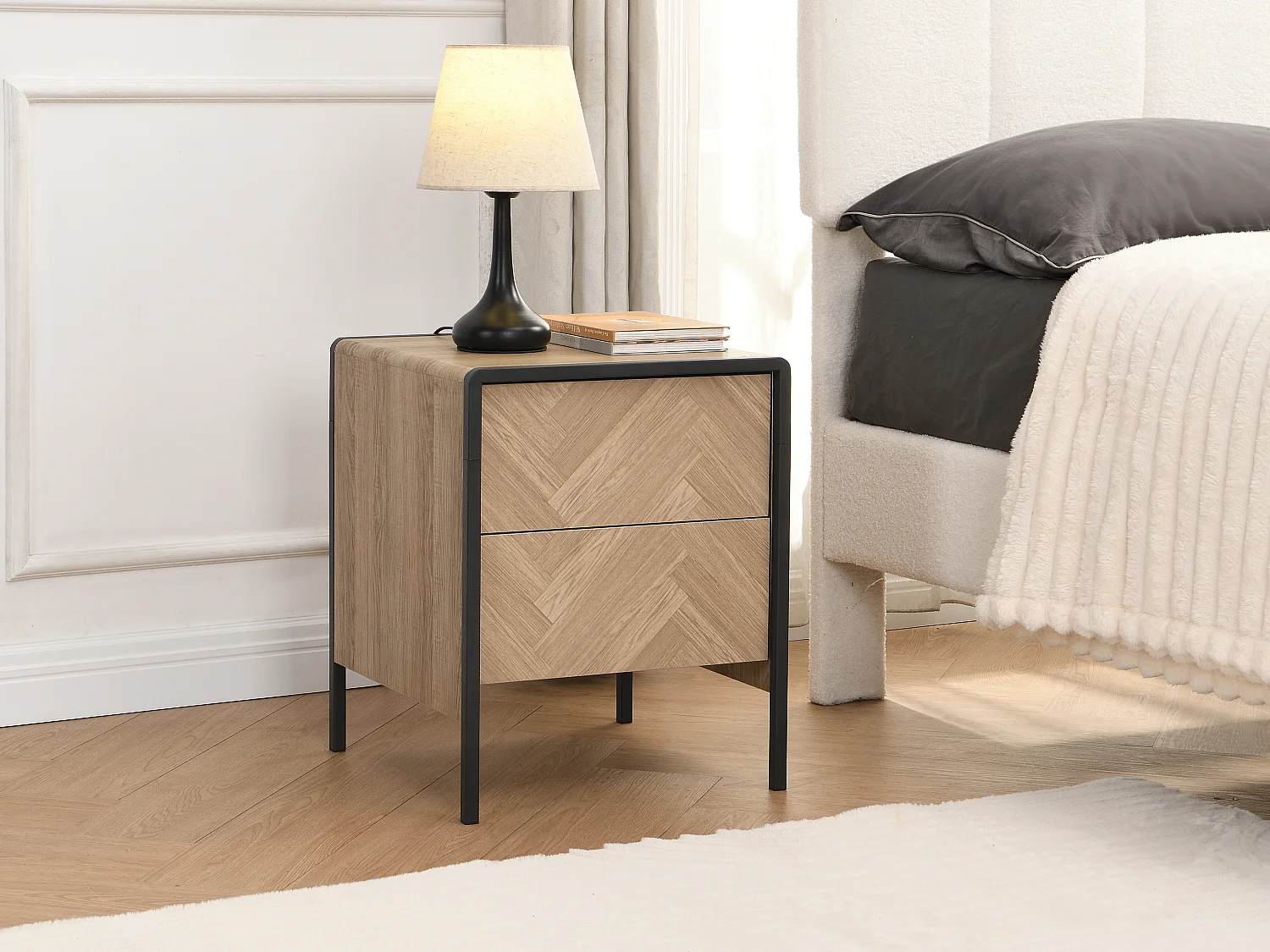 Set van 2 nachtkastjes - 2 lades - MDF en metaal - Kleuren: houtlook en zwart - TUMACO