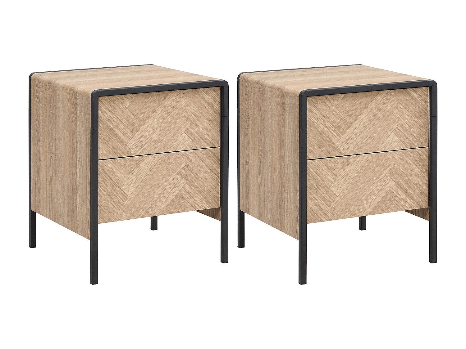 2er-Set Nachttische - 2 Schubladen - MDF & Metall - Holzfarben & Schwarz - günstig online kaufen