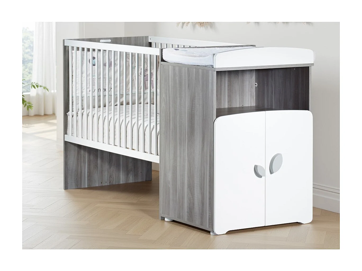 Lit combiné évolutif 120x60 en 90x190 en bois gris LEAF - BabyPrice