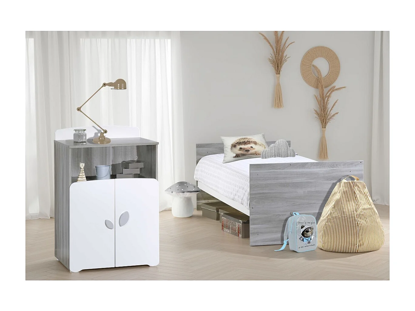 Lit combiné évolutif 120x60 en 90x190 en bois gris LEAF - BabyPrice