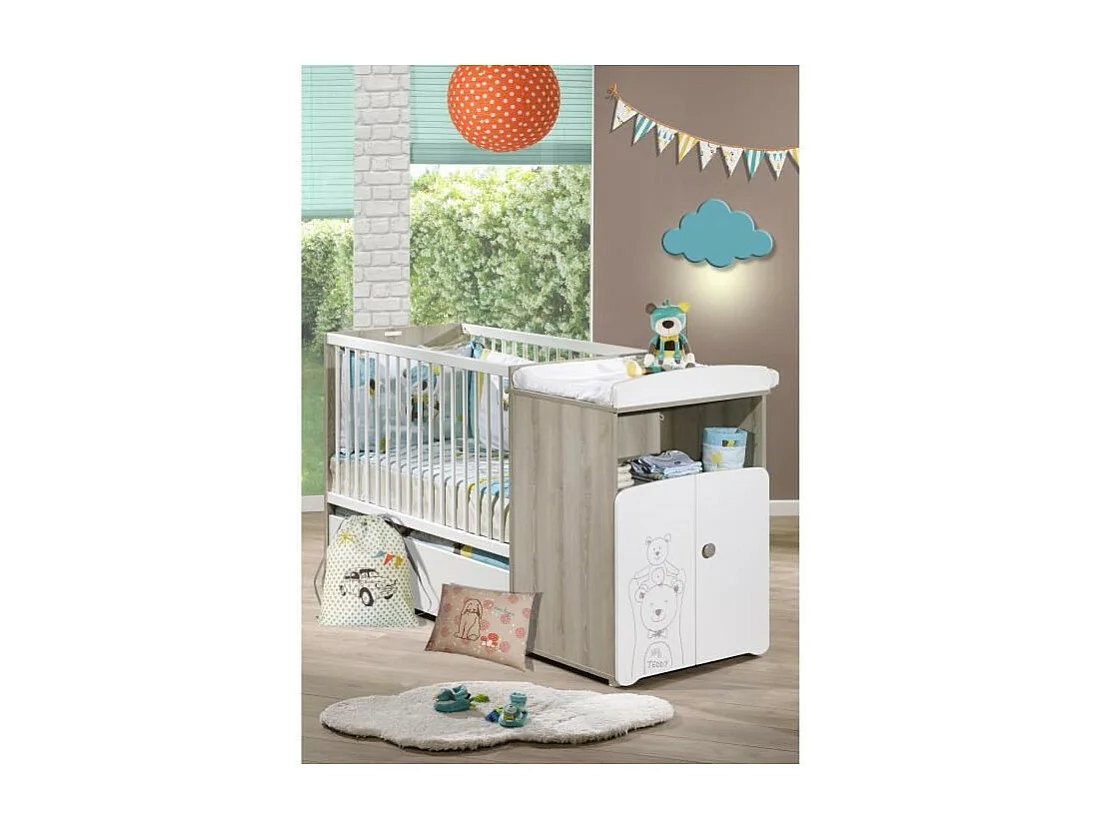 Cama combinada convertible de 120x60 a 90x190 en madera blanca