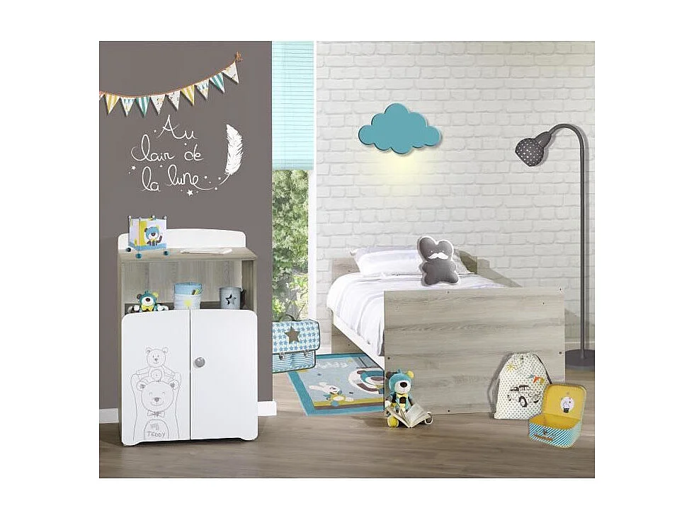 Cama combinada convertible de 120x60 a 90x190 en madera blanca