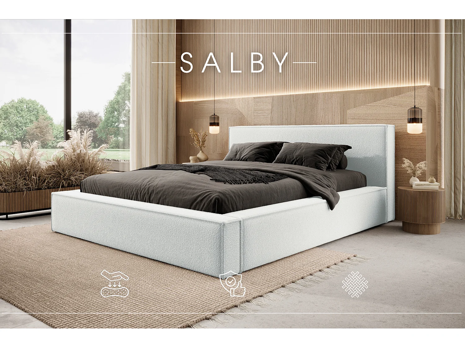 LIT TAPISSÉ avec coffre Salby 180x200 cm, Crème