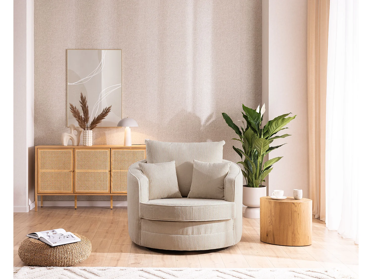 Ted - Drehsessel Love Seat XXL 360 Grad drehbar aus Beige Cord-Stoff