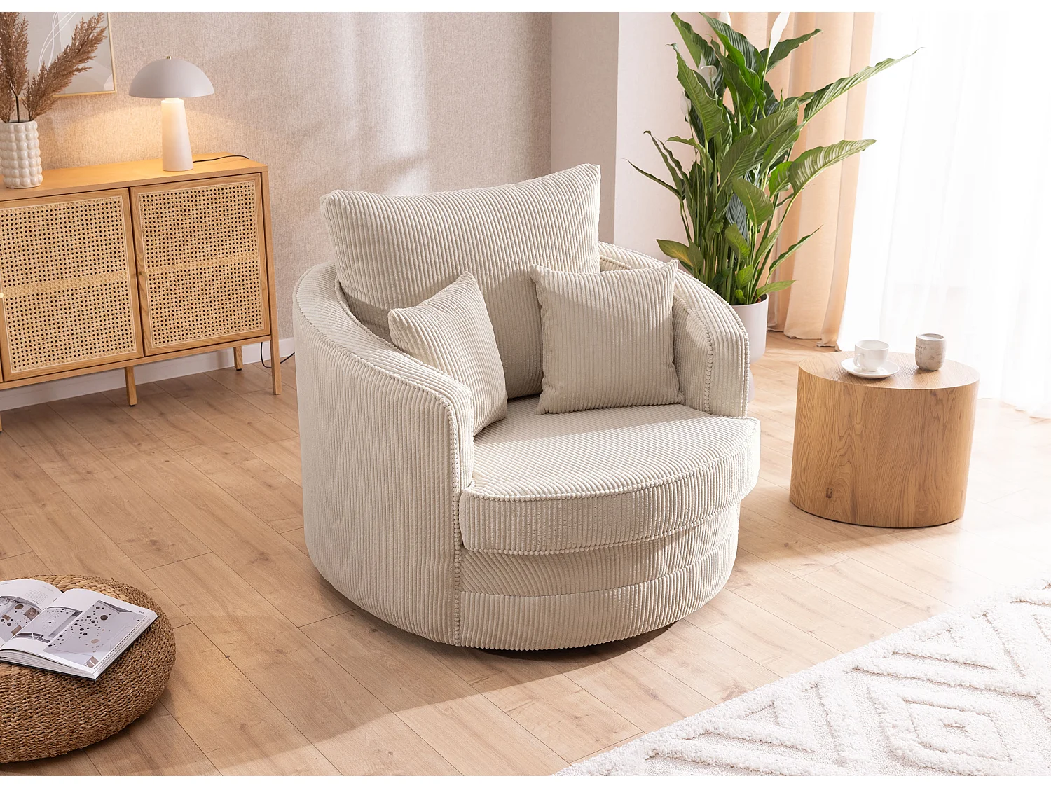 Ted - Drehsessel Love Seat XXL 360 Grad drehbar aus Beige Cord-Stoff