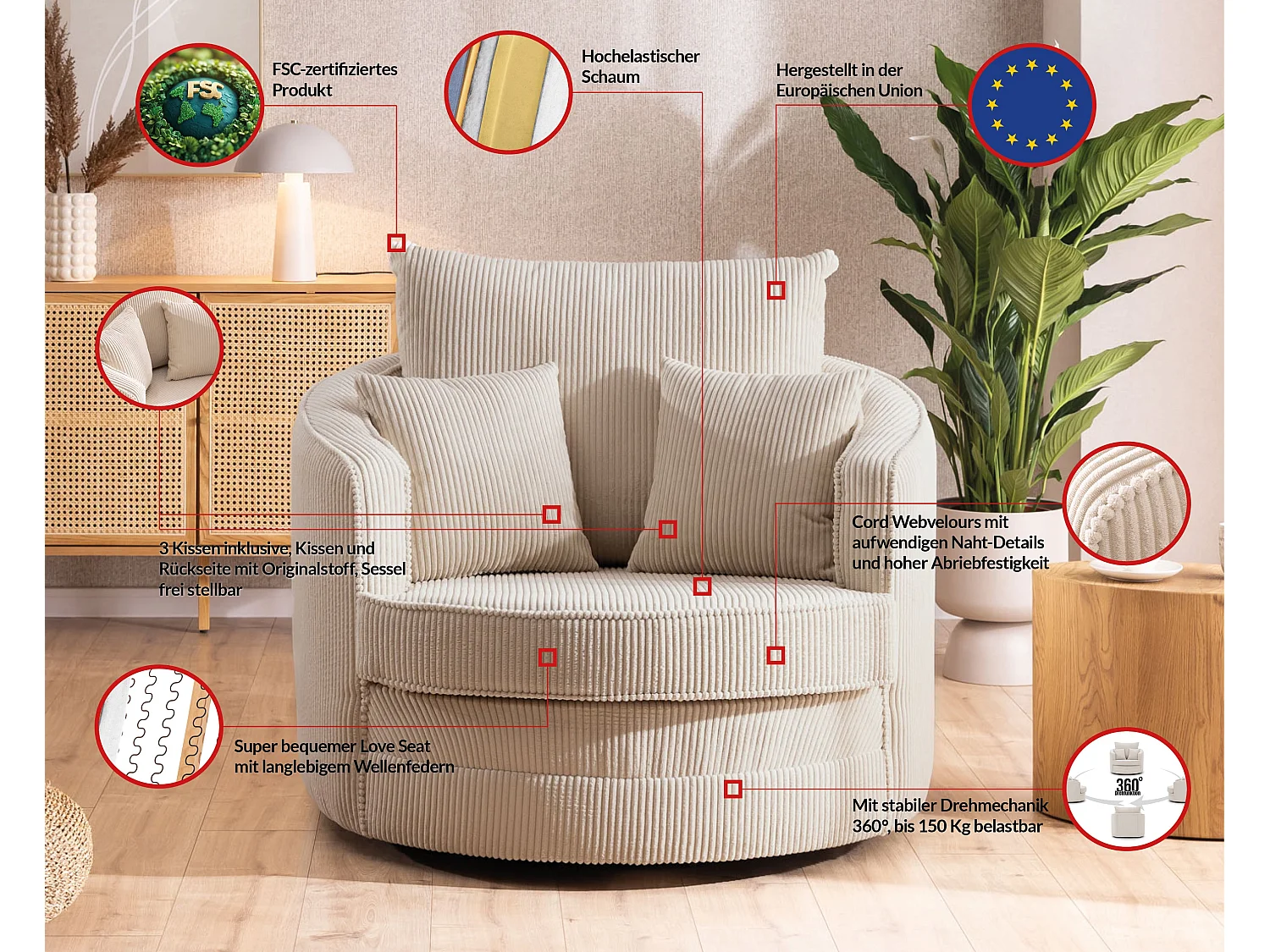 Ted - Drehsessel Love Seat XXL 360 Grad drehbar aus Beige Cord-Stoff