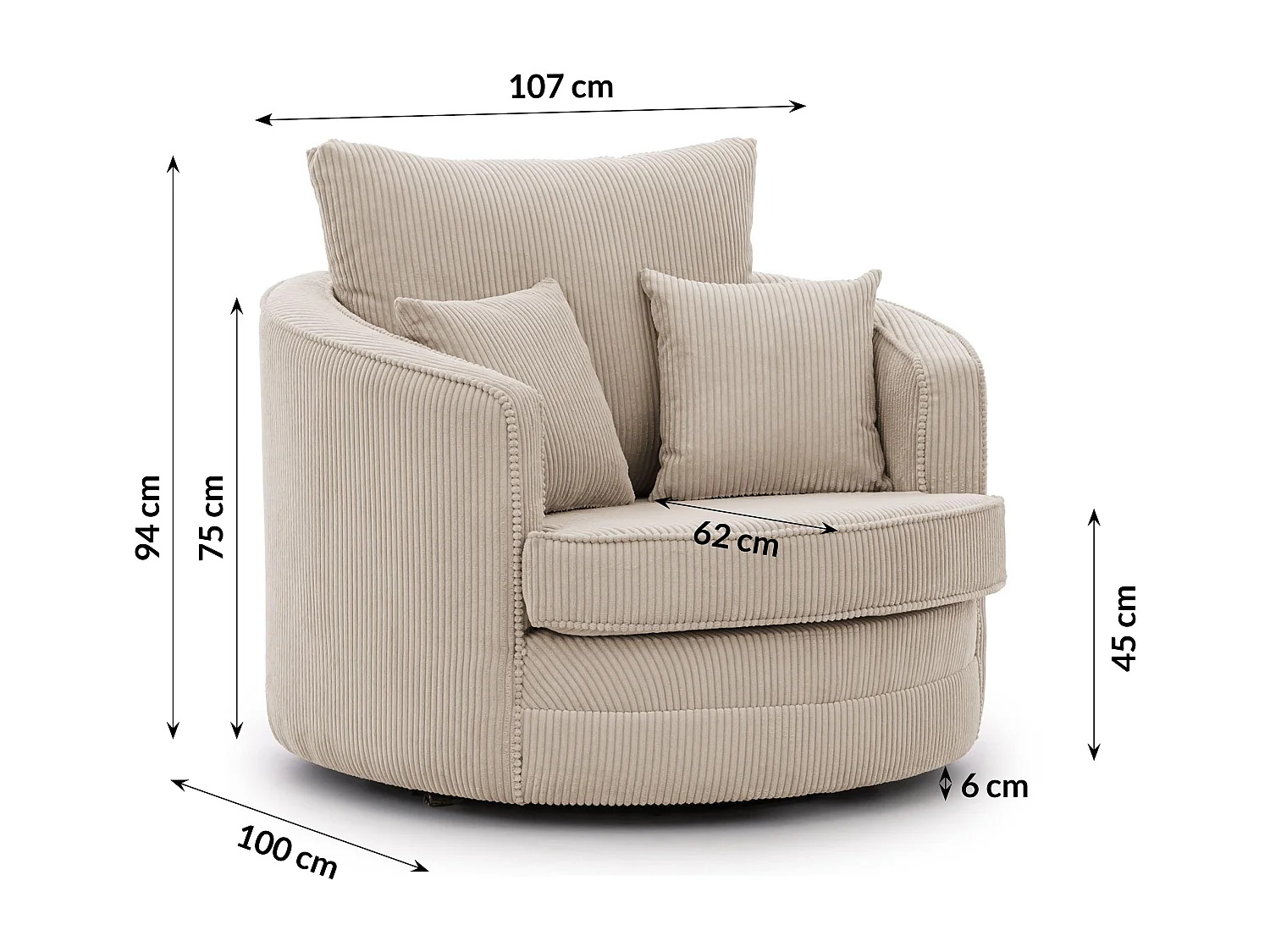Ted - Drehsessel Love Seat XXL 360 Grad drehbar aus Beige Cord-Stoff