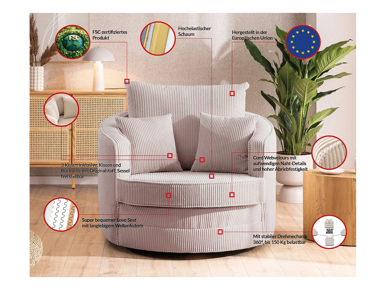 Ted - Drehsessel Love Seat XXL 360 Grad drehbar aus Puderrosa Cord-Stoff