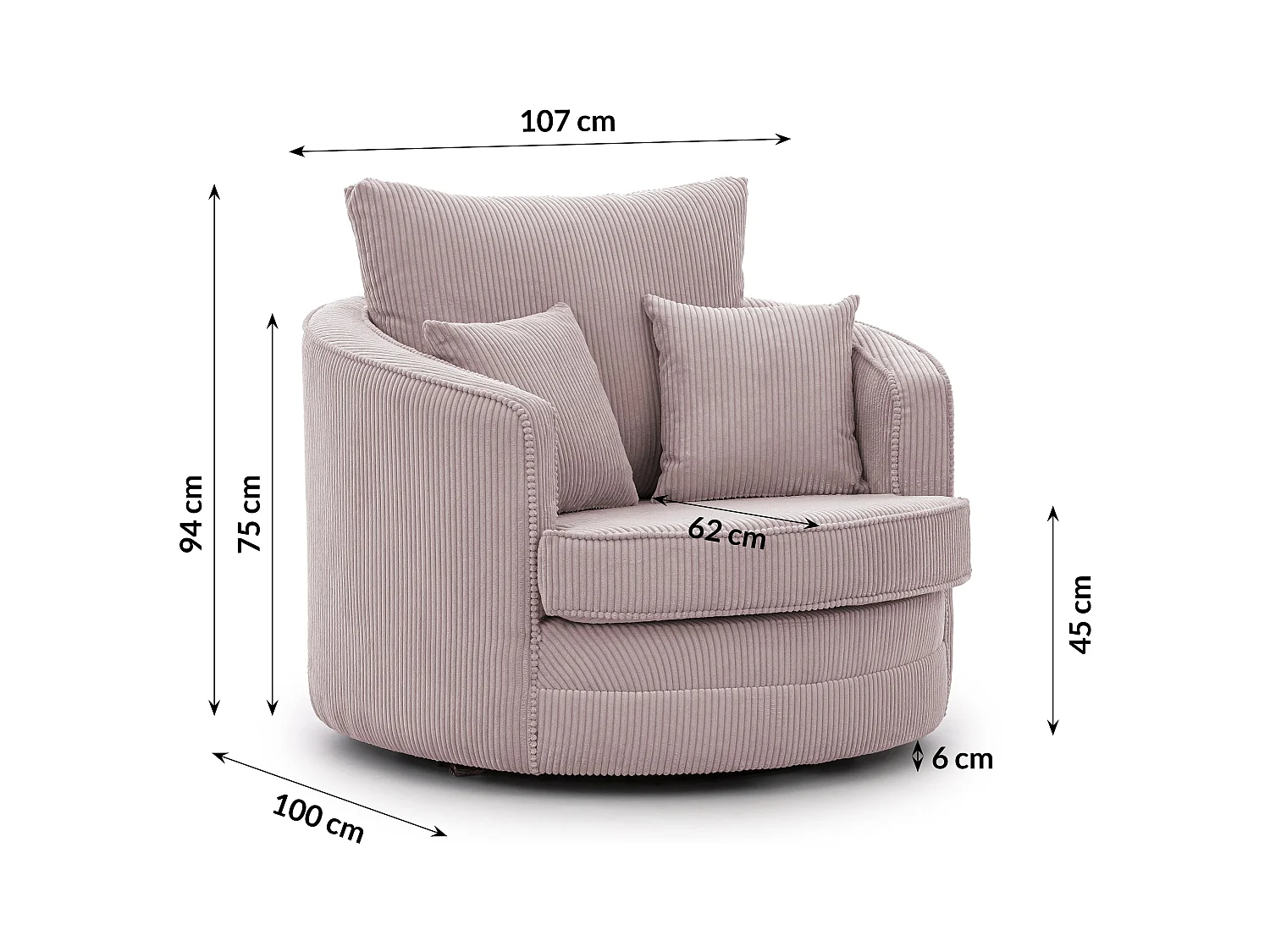 Ted - Drehsessel Love Seat XXL 360 Grad drehbar aus Puderrosa Cord-Stoff