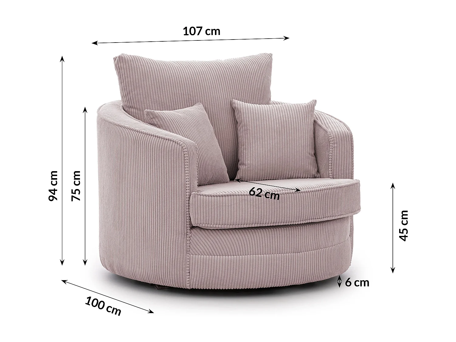 Ted - Drehsessel Love Seat XXL 360 Grad drehbar aus Puderrosa Cord-Stoff