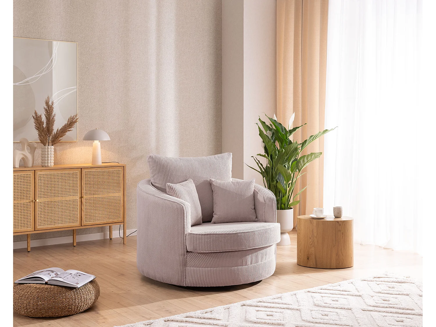 Ted – Fauteuil pivotant Love Seat XXL rotatif à 360° en tissu côtelé rose poudré