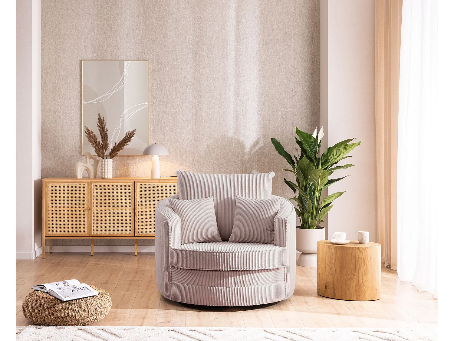 Ted – Fauteuil pivotant Love Seat XXL rotatif à 360° en tissu côtelé rose poudré