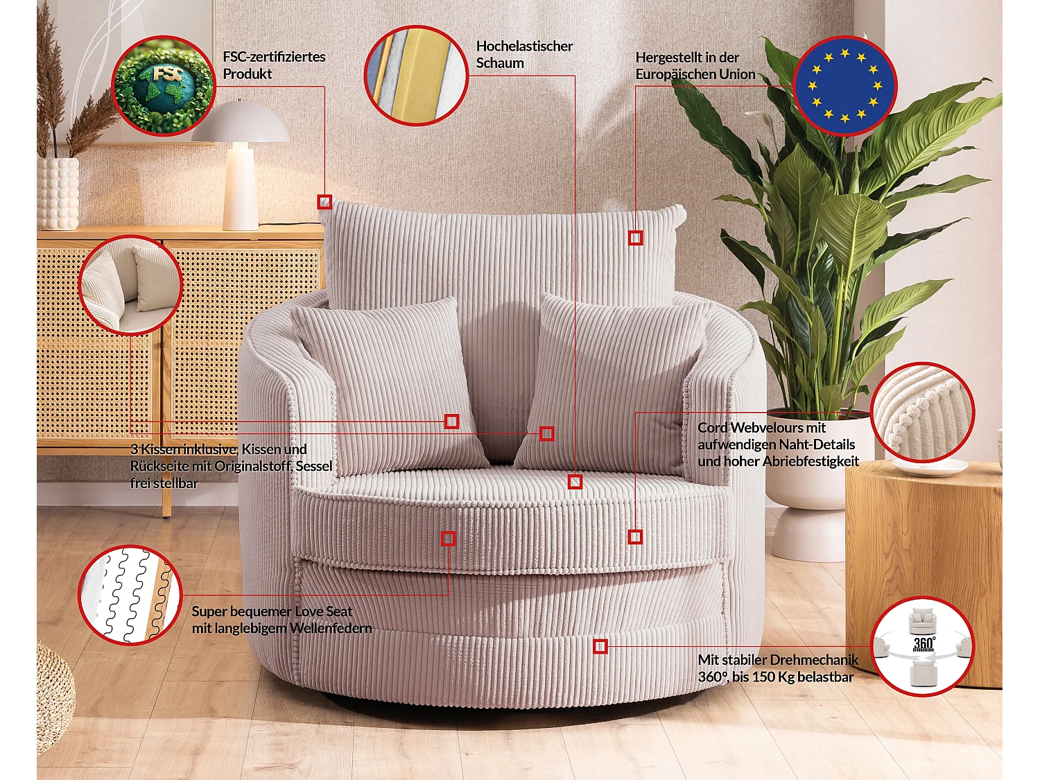 Ted – Fauteuil pivotant Love Seat XXL rotatif à 360° en tissu côtelé rose poudré