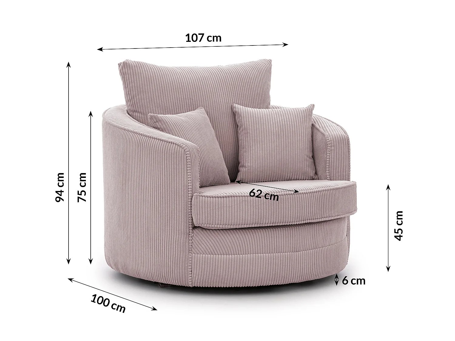 Ted – Fauteuil pivotant Love Seat XXL rotatif à 360° en tissu côtelé rose poudré