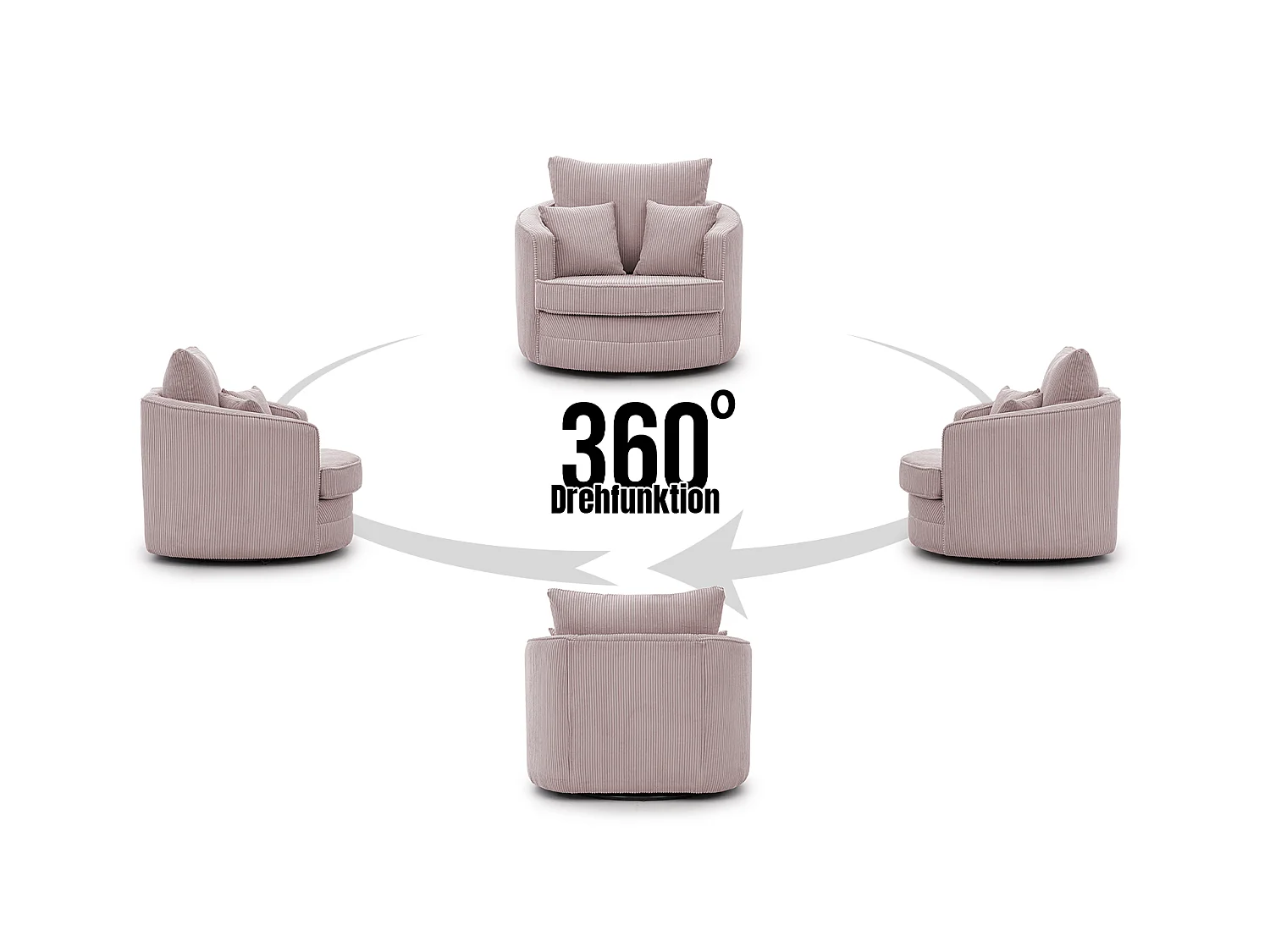 Ted – Fauteuil pivotant Love Seat XXL rotatif à 360° en tissu côtelé rose poudré