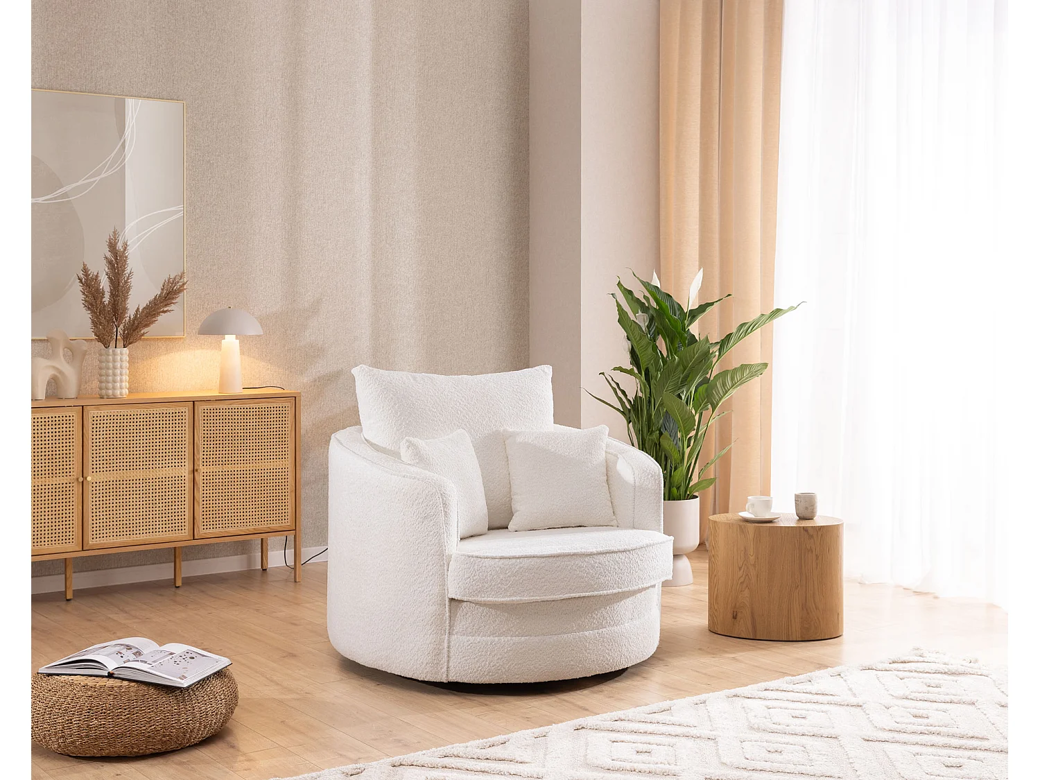 Ted – Fauteuil pivotant Love Seat XXL rotatif à 360 degrés en tissu bouclé blanc