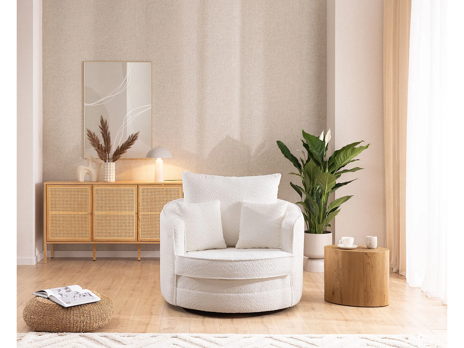 Ted – Fauteuil pivotant Love Seat XXL rotatif à 360 degrés en tissu bouclé blanc