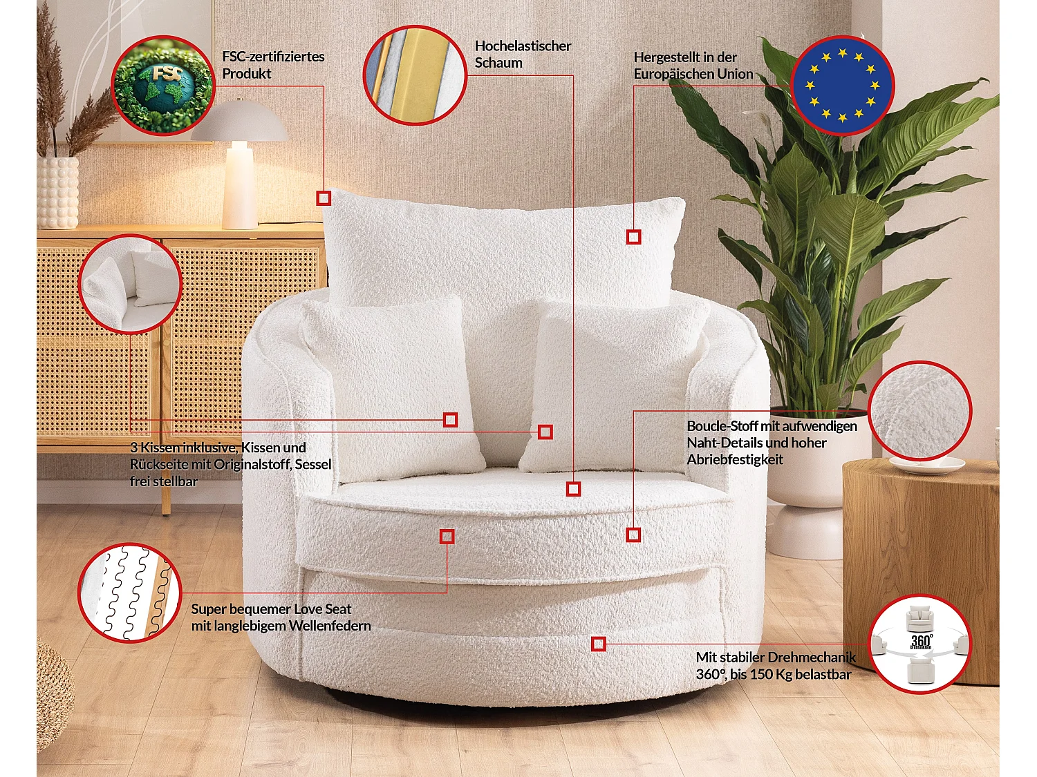 Ted – Fauteuil pivotant Love Seat XXL rotatif à 360 degrés en tissu bouclé blanc