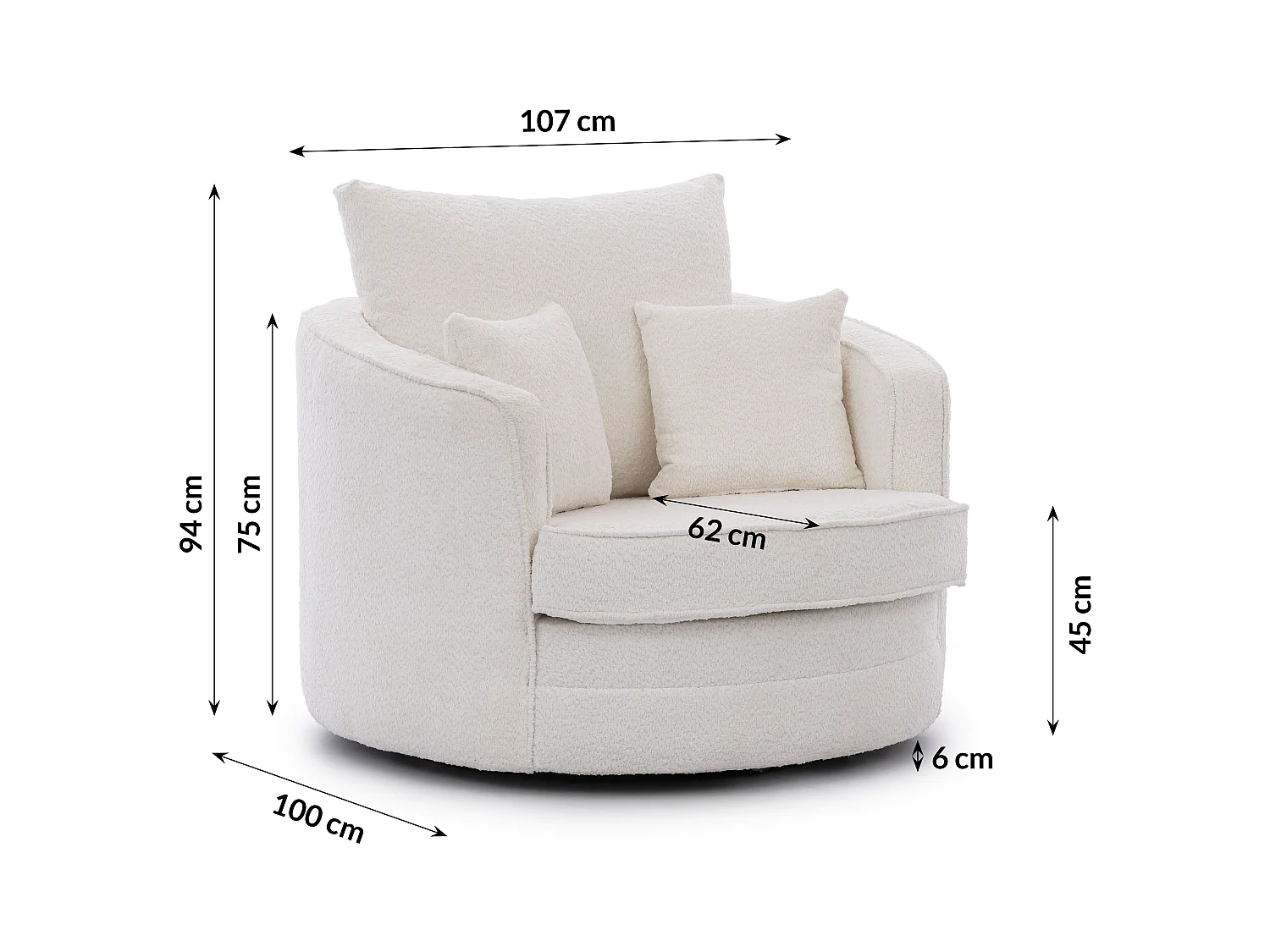 Ted – Fauteuil pivotant Love Seat XXL rotatif à 360 degrés en tissu bouclé blanc