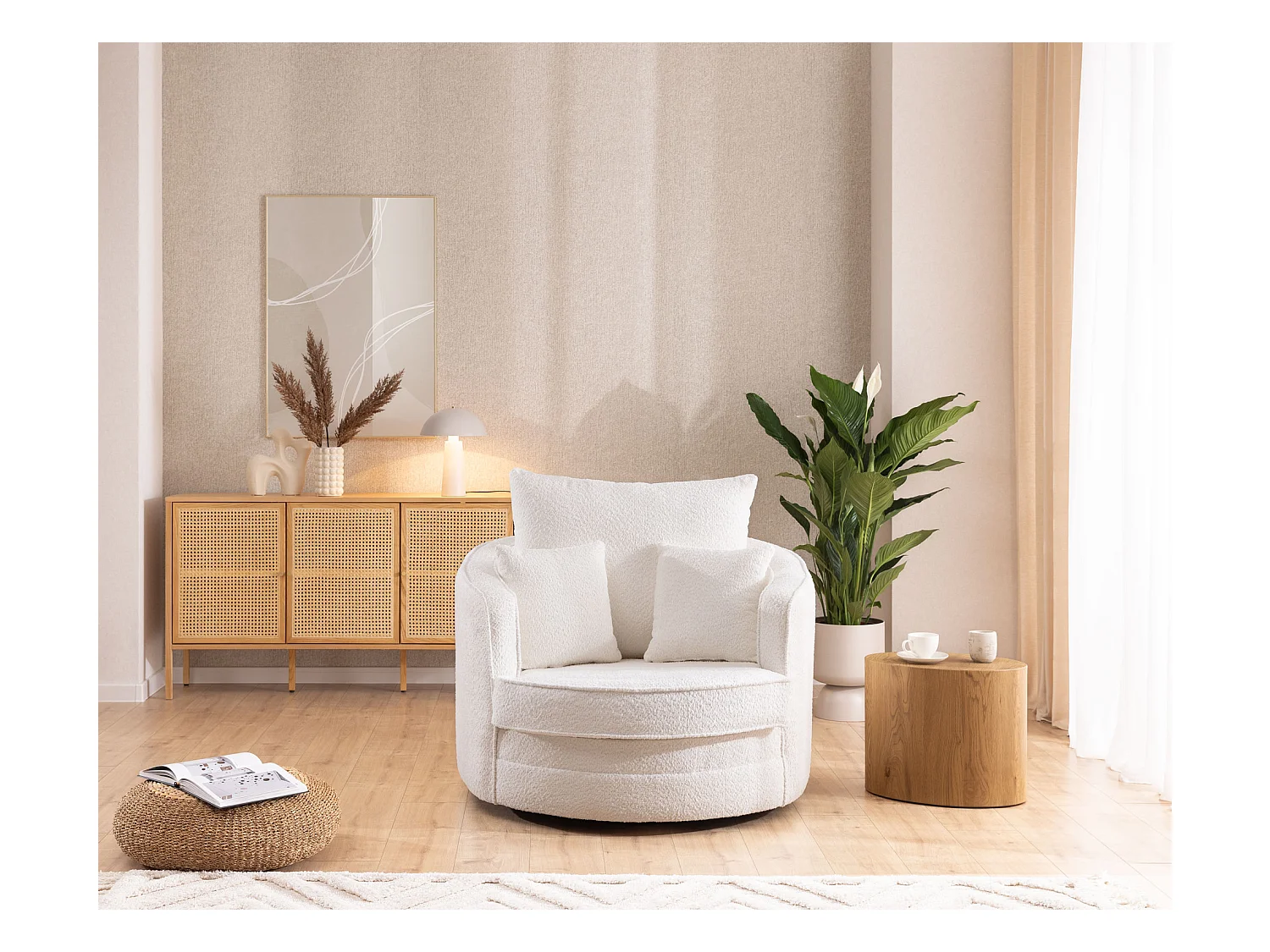 DREHSESSEL Ted aus Weiß Boucle-Stoff