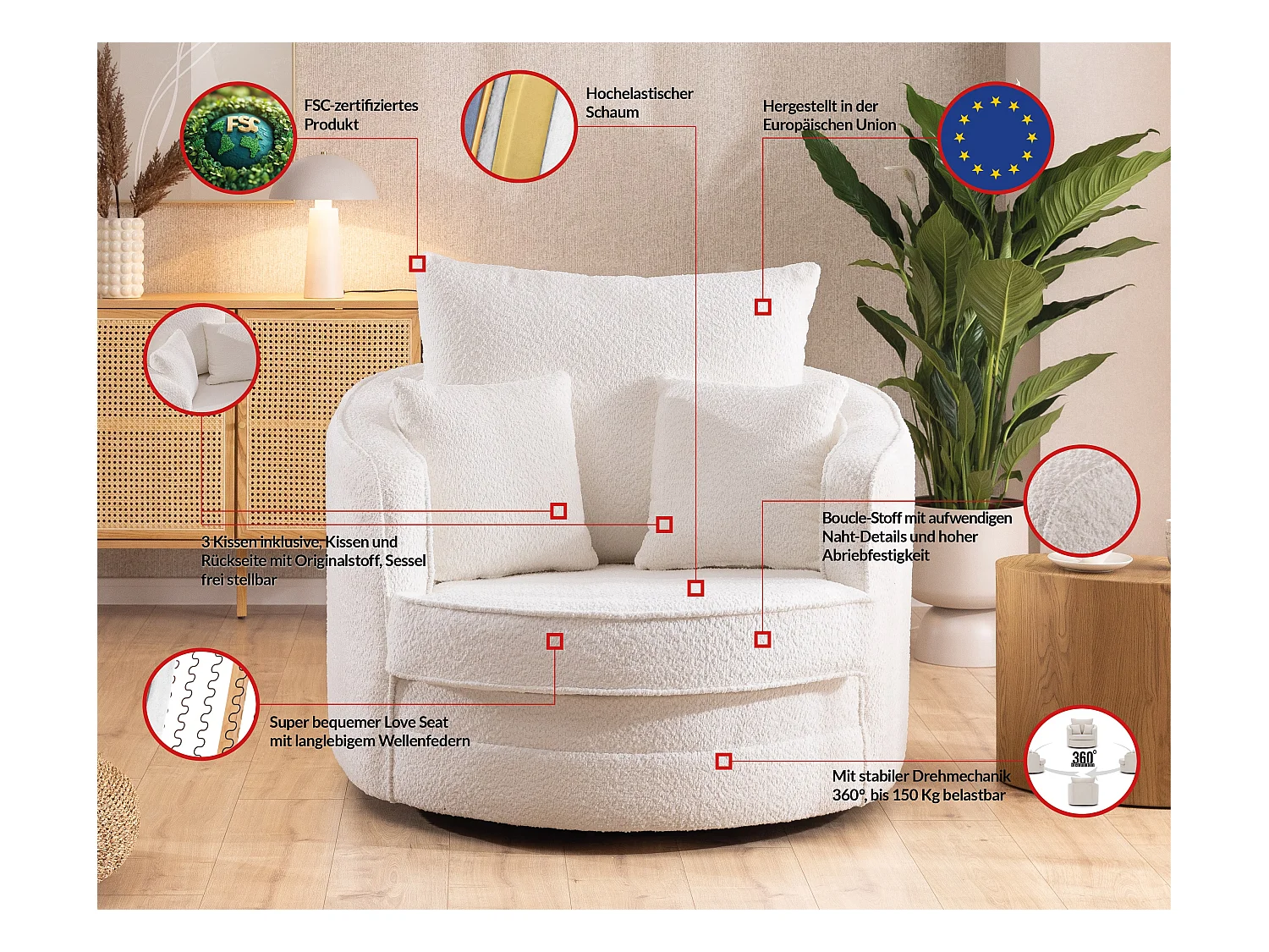 DREHSESSEL Ted aus Weiß Boucle-Stoff