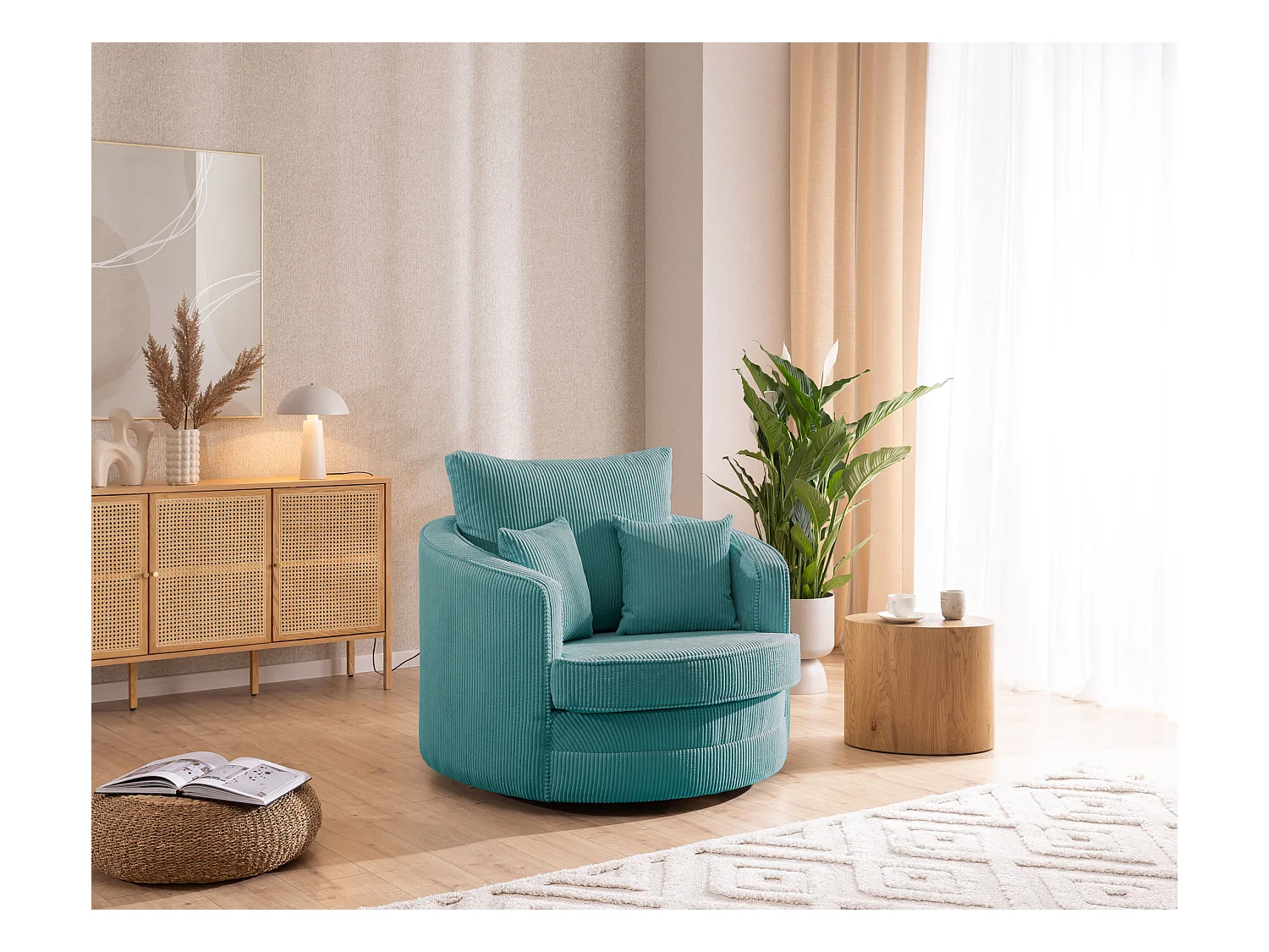 Ted - Drehsessel Love Seat XXL 360 Grad drehbar aus Türkis Cord-Stoff